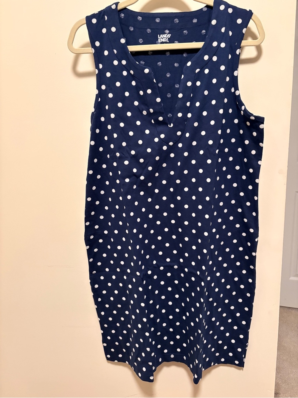 Lands' End Navy with White Polka Dot Sleeveless Midi Dress